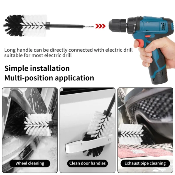 Wheel Brush, Drill Brush for Car Wheel, No Scratches Highly Dense and Durable Car Wheel Brush Rim Tire Car Cleaning Brush for Wheels, Rims, Engines, Exhaust (Black&White) - Image 3