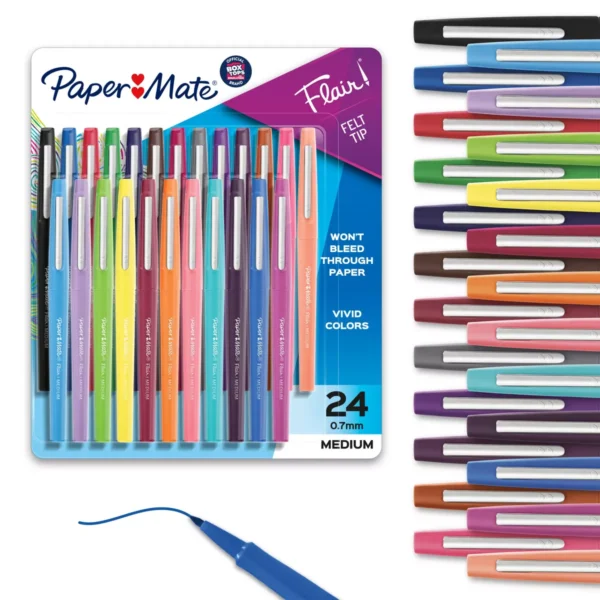 Paper Mate Flair 24pk Felt Pens 0.7mm Medium Tip Multicolored: Art Stationery, Durable Quick Drying, Pocket Clip