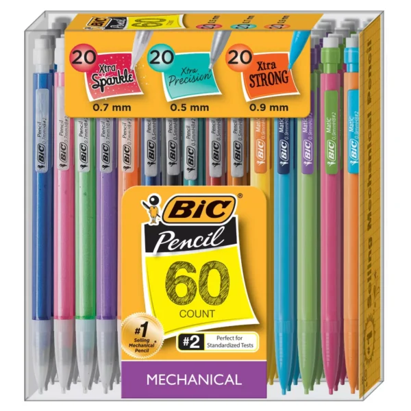 BIC Mechanical #2 Pencil Variety Pack 60ct: School Supplies, 0.7mm, 0.5mm, 0.9mm, Plastic, Pocket Clip, Kids 5+