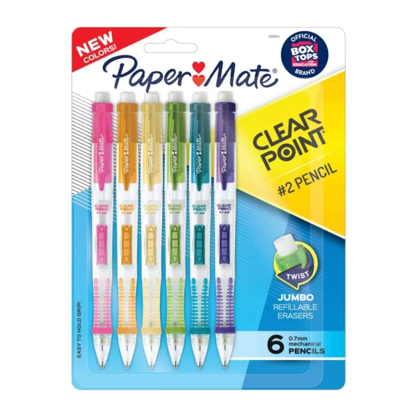 Paper Mate Clear Point 6pk #2 Mechanical Pencils 0.7mm Multicolored: Plastic, Erasable, Art & Stationery, Ages 3+