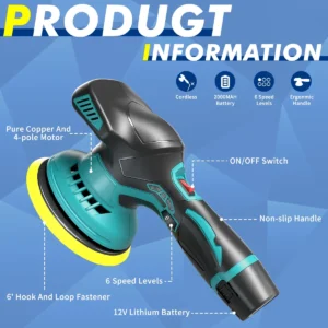 Cordless Car Buffer Polisher, 6 Inch Portable Rotary Buffer Polisher Waxer Kit for Car Detailing, with 2PCS 2000mAh Batteries, 6 Variable Speed for Car Waxing/Scratch Removing/Home Appliance Polishing