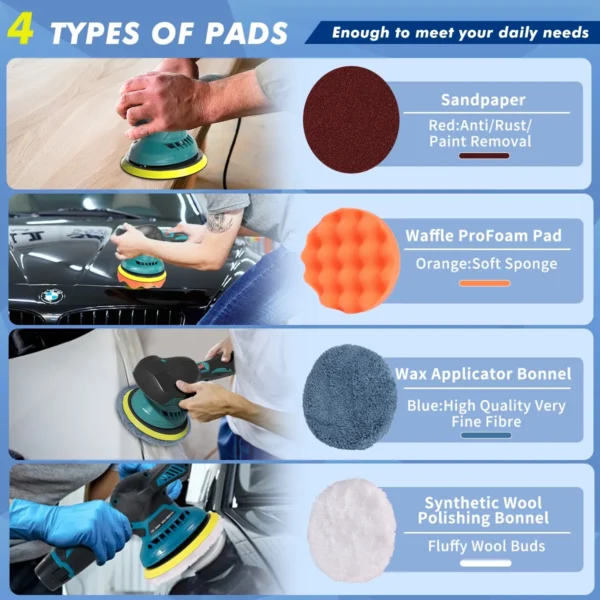 Cordless Car Buffer Polisher, 6 Inch Portable Rotary Buffer Polisher Waxer Kit for Car Detailing, with 2PCS 2000mAh Batteries, 6 Variable Speed for Car Waxing/Scratch Removing/Home Appliance Polishing - Image 4